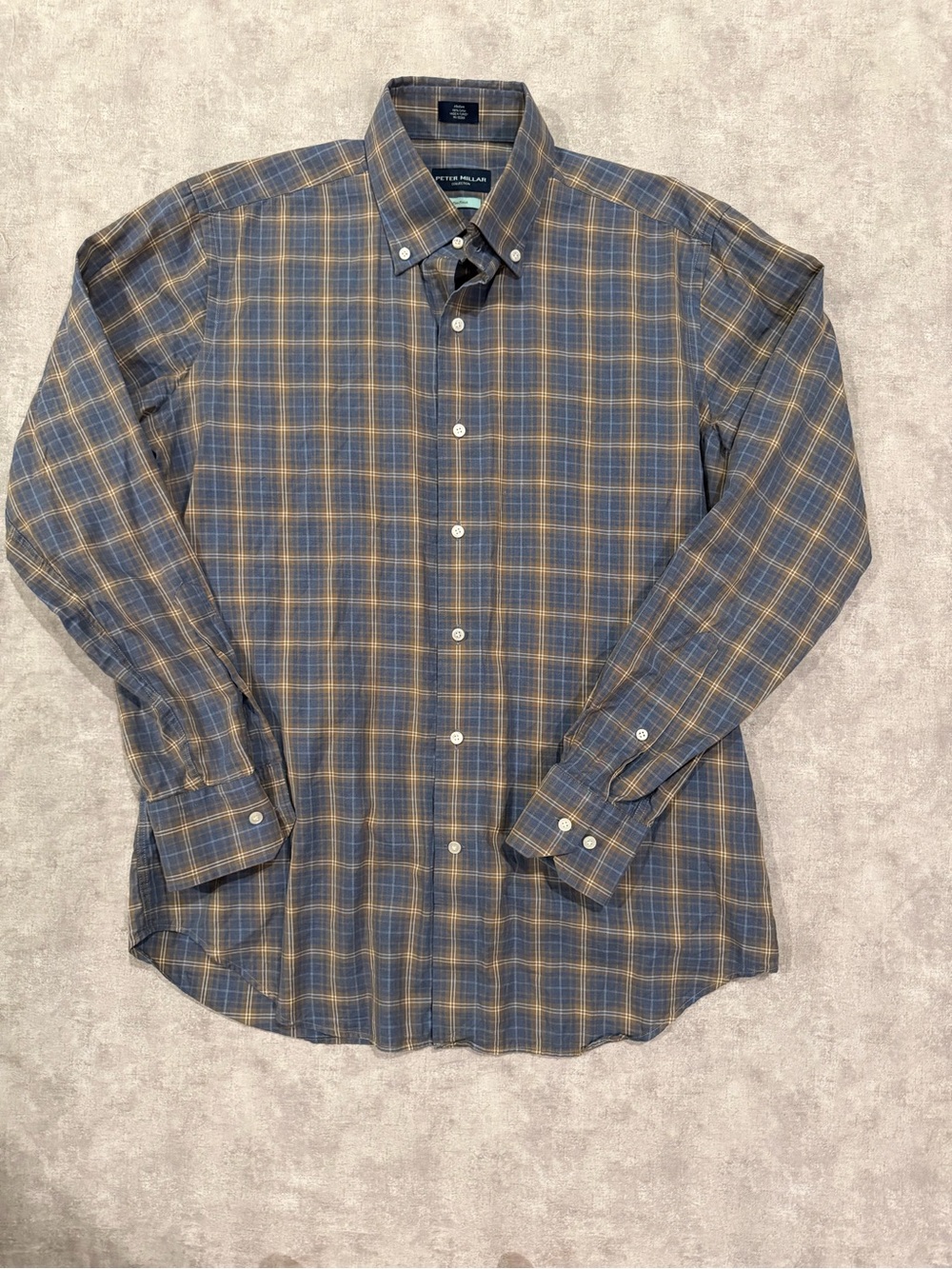 Peter Millar Blue and Tan Plaid Button-Down Shirt